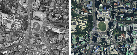서울시청과 광장 2007년(오른쪽) 2009년의 모습(왼쪽)