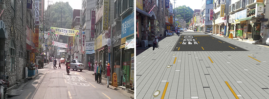 서울 면목동 신한은행~오가네 길 개선 전(왼쪽. 개선 후 오른쪽)