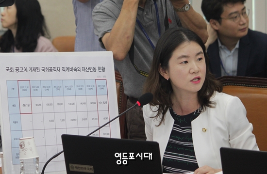 자유한국당 신보라 의원이 특별한 경제활동을 한 이력이 확인되지 않은 김영주 후보자의 딸의 재산형성과정에 대해 의혹을 제기하고 있다. ©영등포시대