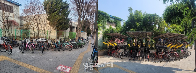 ▲대림역 10번 출구 자전거 보관대 정비 전(왼쪽)과 후. ⓒ영등포구 제공