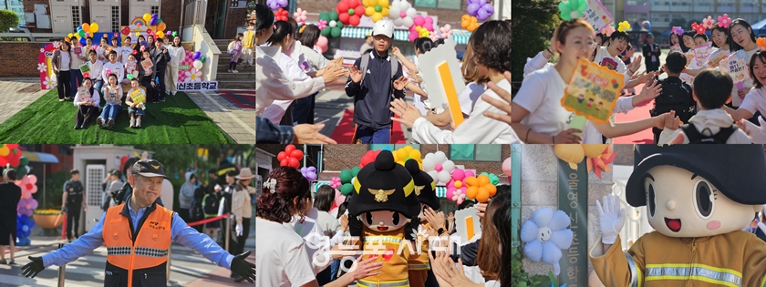 ▲영신초등학교 학부모회가 4월 30일 영신초등학교 운동장에서 5월 5일 어린이날을 앞두고 개최한 ‘행복한 등굣길’ 어린이날 행사/이미지=영신초 학부모회 제공