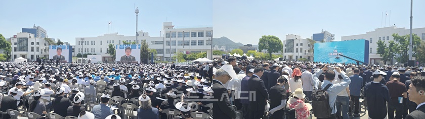 ▲이재명 대통령이 5월 18일 옛 전남도청 앞 5.18민주광장에서 열린 제46주년 5.18민주화운동 기념사를 하고 있다.(왼쪽), 기념식에 참석한 광주시민과 관계자들(오른쪽) ⓒ영등포시대