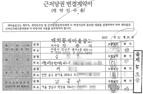 강 씨가 주장하고 있는 새마을금고가 허위로 작성했다는 근저당권변경계약서다. 채무자 김 씨는 새마을금고를 방문한 사실조차 없다는 것.      &copy; 추광규 