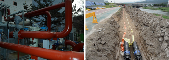 열수송관소 내인입(좌) 부열수송관설치작업(우)