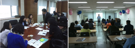 분임별 열띤 토론 장면(왼쪽) 비전트레이닝센터장의 현장설명(오른쪽)