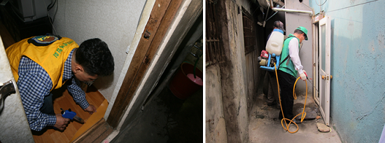 쪽방촌을 방문해 합동방역을 실시한 민간 소독업체 관계자들(사진제공 영등포구청)