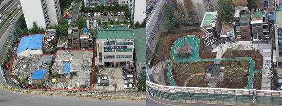 공원 조성 전(왼쪽) 양평 마을마당 조성 후(오른쪽) &copy;영등포구청