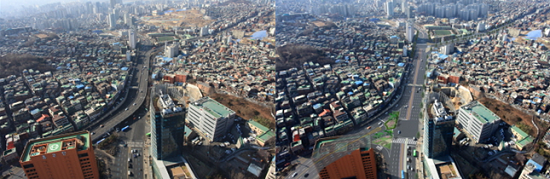 아현고가도로 철거전(왼쪽), 철거후(오른쪽) 조감도 