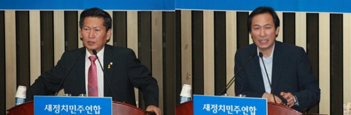 안전행정위원회 간사인 정청래 의원(왼쪽)과 미래창조과학방송통신위원회 우상호 간사(오른쪽)가 공개발언을 하고 있다. ⓒ안영혁 기자