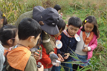 생태교실에 참여한 어린이들이 숲 해설가 선생님의 설명을 듣고 있다 &copy;영등포구 