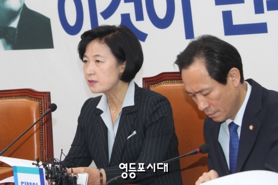 추미애 대표는 30일 국회에서 열린 최고위원회에서 “(새누리당은) 국민도 없고, 헌법과 법률도 없고, 부끄러움도 없다”며 비판하고 있다. &copy;임종상 기자 