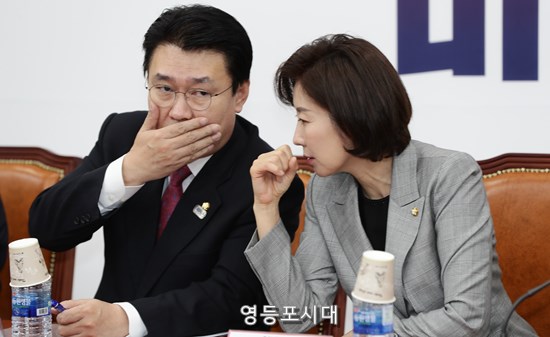  27일 오전 국회에서 열린 중진의원 연석회의에 참석한 나경원 원내대표와(사진 오른쪽) 정용기 정책위의장이 귓속말을 주고받고 있다. ⓒ영등포시대 