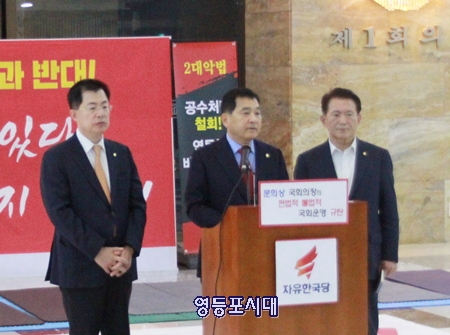 24일 오전 자유한국당 심재철 원내대표가 국회에서 기자회견을 열고 연동형 비례제 도입에 대해 강하게 비판하고 있다. Ⓒ영등포시대  