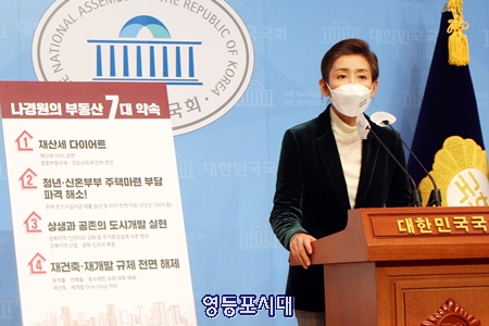 ▲나경원 전 의원은 2월 5일 국회 소통관에서 기자회견을 열고 “원하는 곳에 더 많은 집을 짓고 풀건 풀어드리는 부동산 원더풀 7대 공약을 발표하고 있다. Ⓒ영등포시대 