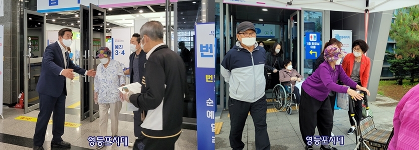 코로나19 예방 접종센터에서 봉사활동을 펼치고 있는 유승용(사진 왼쪽)의원과 마숙란 전 의원(사진 오른쪽)