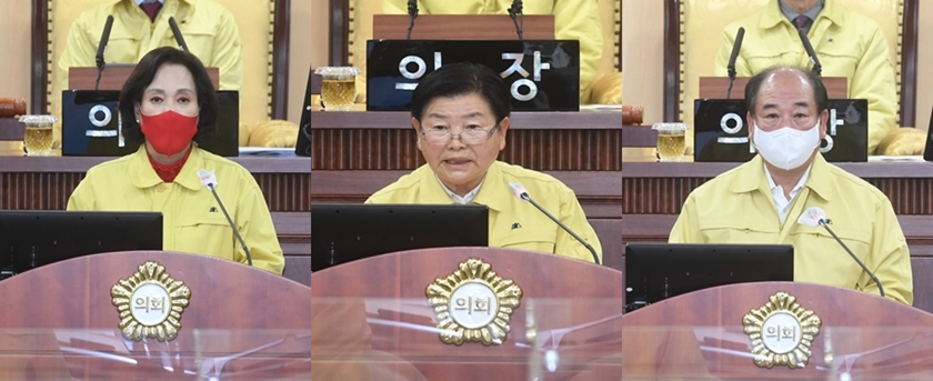 최봉희 의원, 박정자 의원, 윤준용 의원이 구정 질문을 하고 있다.(사진 왼쪽부터)