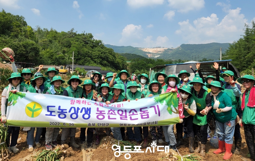 ▲6월 20일 충청북도 단양군 매포읍 적성면을 방문해 “함께하는 수확의 기쁨! 도농 상생 농촌일손 돕기”를 진행한 영등포구 새마을부녀회 회원들이 기념사진을 찍고 있다. Ⓒ영등포시대