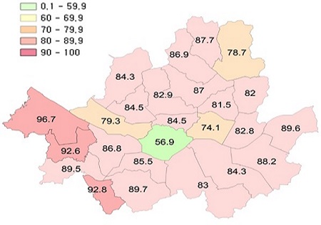 ▲  ‘22.8월 기준 자치구별 연립다세대 2분기 신규 계약 전세가율 현황 (단위: %, 출처: 서울시 전월세 정보몽땅)