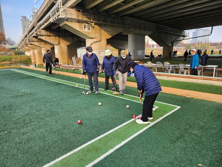 ▲오목교 게이트볼장에서 게이트볼 치고 있는 모습