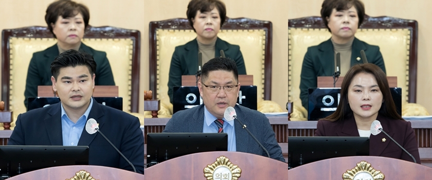 5분 자유발언하는 박현우, 남완현, 차인영 의원(사진 왼쪽부터)