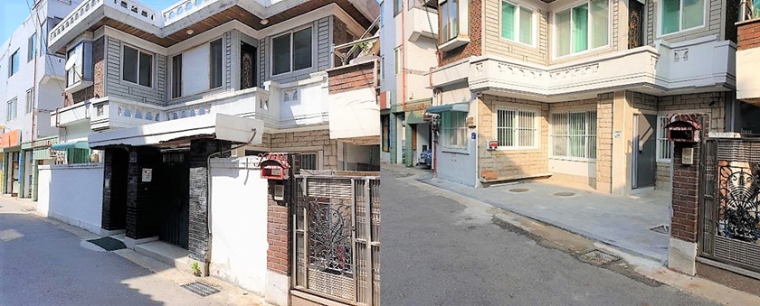 ▲ 그린파킹 사업-담장 허물기 전(왼쪽)과 담장 허물기 공사 후(오른쪽)/이미지=영등포구 제공