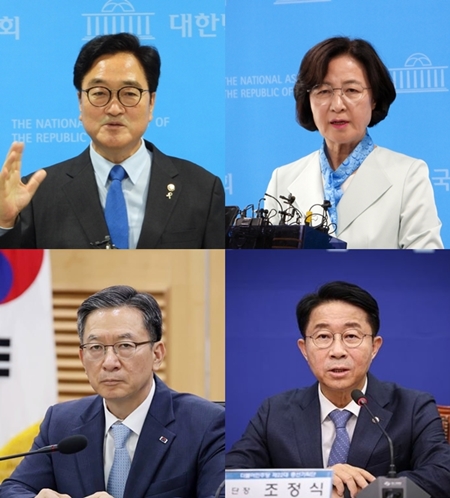 ▲5월 16일 치러지는 제22대 국회 전반기 민주당 국회의장 후보 우원식, 추미애, 조정식, 정성호 의원(왼쪽에서 오른쪽으로)