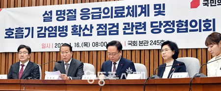 권영세 국민의힘 비대위원장이 16일 서울 여의도 국회에서 열린  ‘설 명절 응급의료 체계 및 호흡기 감염병 확산 점검’ 당정협의회에서 발언하고 있다. ©영등포시대