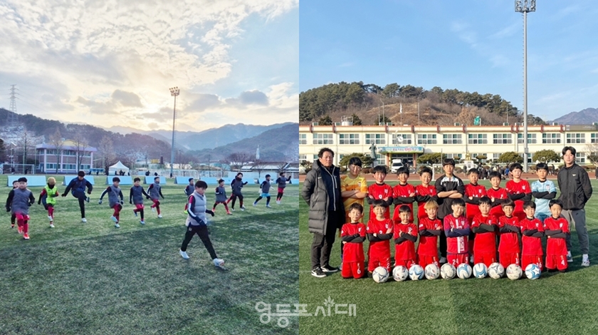 ▲영신초등학교 축구부와 유경환 감독이 전지훈련을 진행한 전남 구례에서 기념사진을 찍고 있다./이미지=영신초등학교 제공