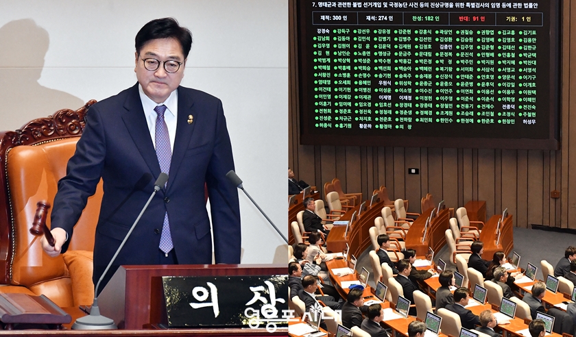 ▲우원식 국회의장이 2월 27일 열린 국회 본회의에서 야 5당이 공동 발의한 ‘명태균과 관련한 불법 선거 개입 및 국정농단 사건 등의 진상규명을 위한 특별검사의 임명 등에 관한 법률안’을 의결하고 있다. Ⓒ영등포시대