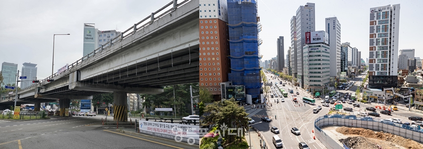▲49년 만에 역사 속으로 사라진 영등포로터리 고가차로(왼쪽), 영등포역 방향 가림막을 철거한 후 8차선 임시도로 개통(오른쪽)
