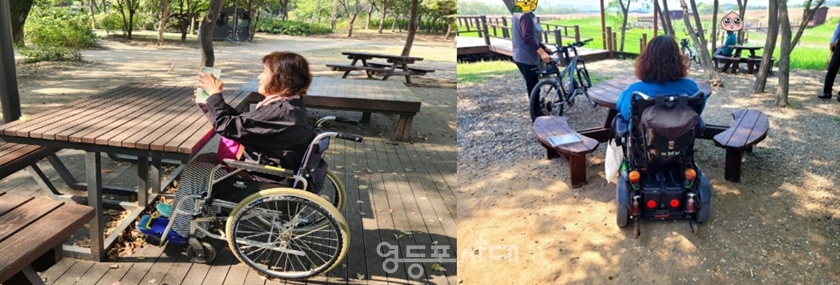 ▲서울숲-휠체어 접근 가능 테이블(왼쪽), 시흥 생태갯골 공원-휠체어 접근성 가능 테이블(오른쪽)/이미/한국장애인총연맹 제공