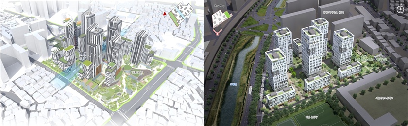 ▲대림1구역 신속통합기획 조감도(왼쪽)와 대림3동 786번지 일대 모아타운 조감도. ⓒ영등포구 제공