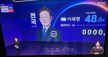 ▲6월 4일 02시 30분, MBC 개표방송에서 이재명 후보의 당선을 위한 카운트다운에서 0000을 가리키며 이재명 후보의 당선을 알리고 있다/이미지= MBC 개표방송 캡처