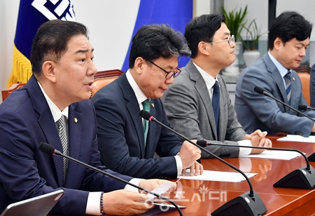▲김병기 민주당 당대표 직무대행 겸 원내대표(왼쪽)가 7월 17일 국회에서 정책조정회의를 열고 “대한민국의 헌법은 그 자체가 민주주의이며 대한민국이다”라고 강조하고 있다. Ⓒ영등포시대