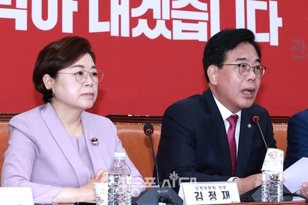 ▲송언석 국민의힘 비상대책위원장 겸 원내대표(오른쪽)가 11일 서울 여의도 국회에서 열린 비상대책위원회의에서 발언하고 있다. ©영등포시대