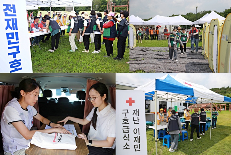 ▲대한적십자사 서울지사 봉사원들이 육군사관학교에서 을지연습 실전훈련을 전개하고 있다. ©대한적십자사 서울지사