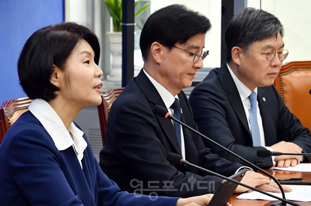 ▲한정애 민주당 정책위의장(왼쪽)이 10월 23일 국회에서 열린 국정감사대책회의 모두 발언에서 “민생 법안을 비롯한 70여 건의 법안 처리를 위한 본회의가 열린다”라며 “차질 없이 통과시킬 수 있도록 만반의 준비를 하겠다”라고 밝히고 있다. Ⓒ영등포시대