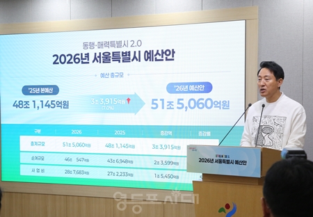 ▲오세훈 서울시장이 10월 30일 오전 서울 중구 서울시청에서 기자회견을 열고 “‘2026년도 예산안’ 총 51조 5,060억 원’ 편성 내용에 관해 설명하고 있다. Ⓒ영등포시대