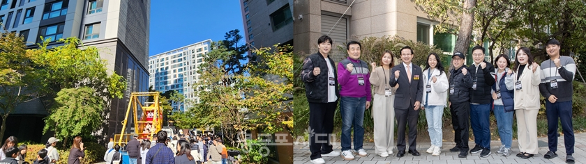 ▲신길뉴타운 3개 단지 주민이 직접 기획하고 예산을 분담해 개최한 생활권 협력형 ‘아자래  연합축제’(왼쪽)와 축제에 참여한 최호권 영등포구청장과 운영위원(오른쪽) /이미지=차인영 구의원 제공