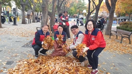 ▲박용찬 국민의힘 영등포을 당협위원장과 시·구의원들이 한마음으로 대림동 원지공원 낙엽 청소하고 있다./이미지=박용찬 당협위원장 페이스북 갈무리