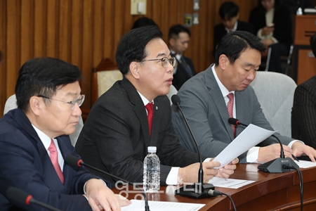 ▲송언석 국민의힘 원내대표(가운데)가 9일 국회 행정안전위원회(아래 행안위)에서 열린 행정 통합 공청회에 대해 ‘빈 껍데기 공청회’였다고 강하게 비판하고 있다. Ⓒ영등포시대 