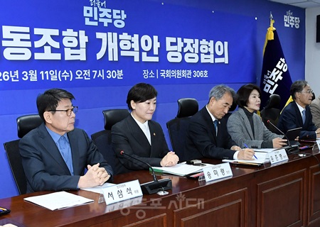 ▲3월 11일 국회의원회관에서 열린 민주당 당정 협의에서 한정애 정책위의장(오른쪽에서 두 번째)이 발언하고 있다. Ⓒ영등포시대