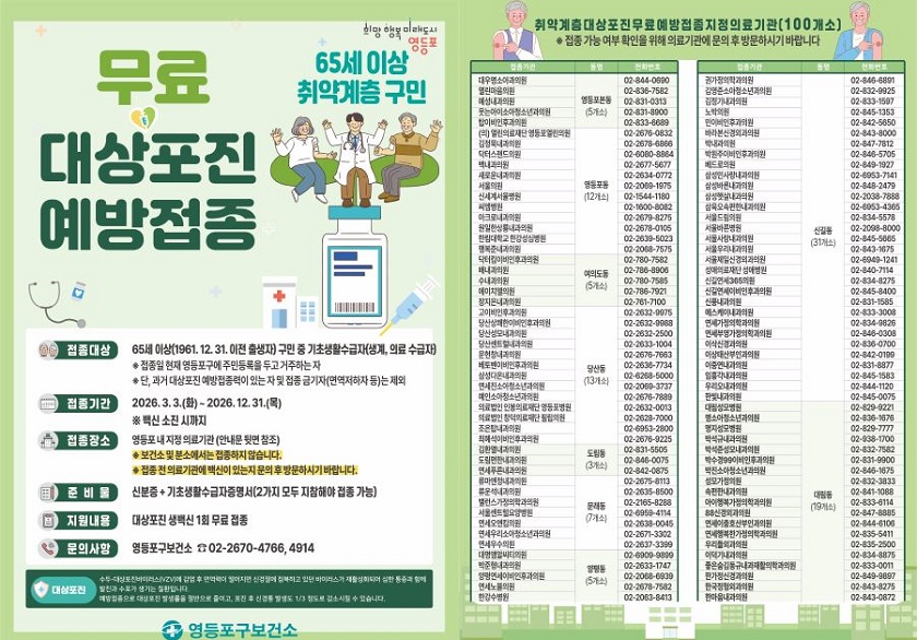 최약계층 대상포진 무료 예방접종 지정 의료기관(@영등포구)