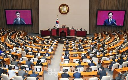 ▲김민석 민주당 대표가 9월 7일 국회에서 원내교섭단체 대표 연설을 하고 있다. ⓒ영등포시대 
