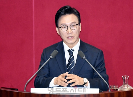 ▲김민석 민주당 대표가 9월 7일 국회에서 원내교섭단체 대표 연설을 하고 있다. ⓒ영등포시대 